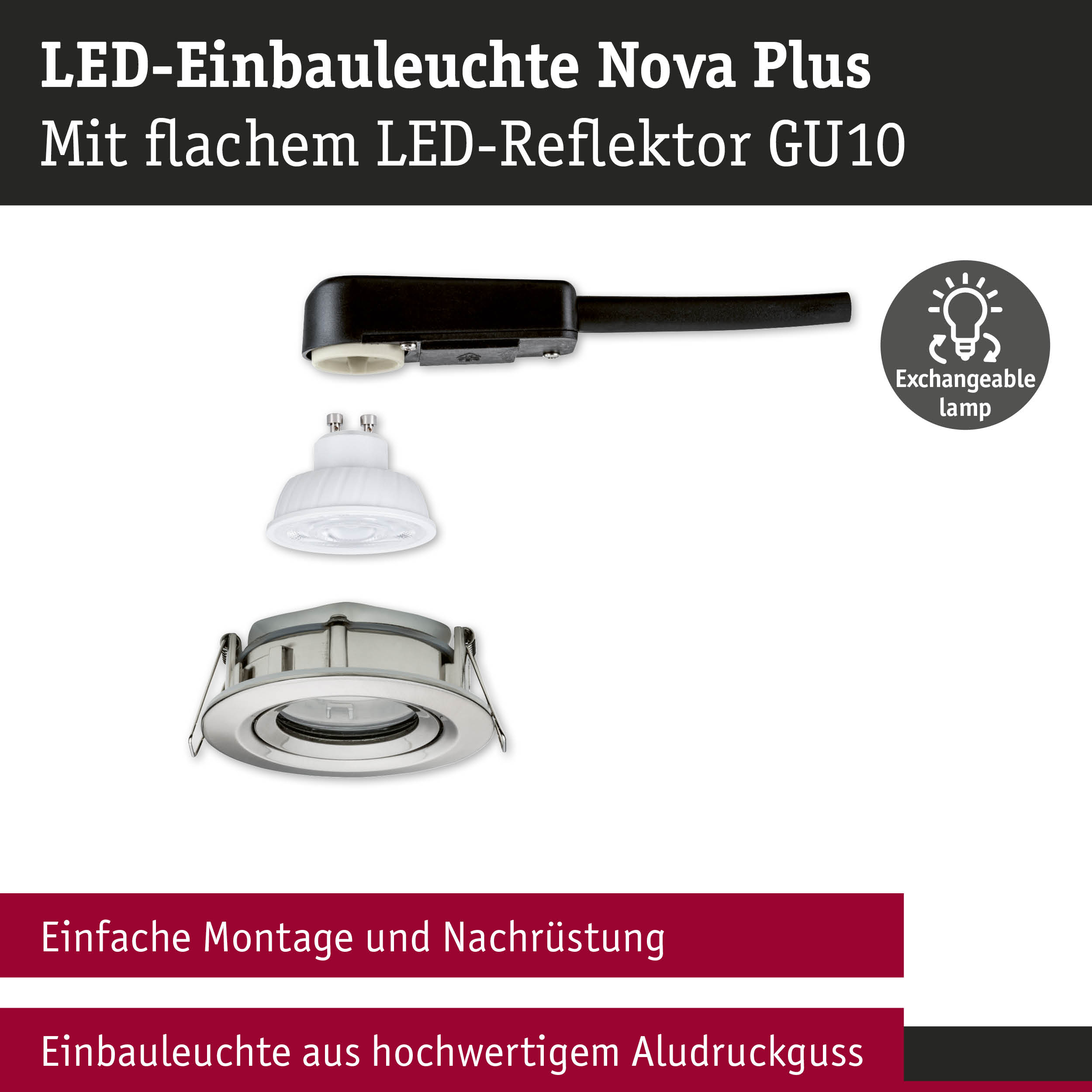 LED-Einbauleuchte Nova Plus mit flachem LED-Reflektor GU10 und austauschbarer Lampe in Aluminiumdruckguss