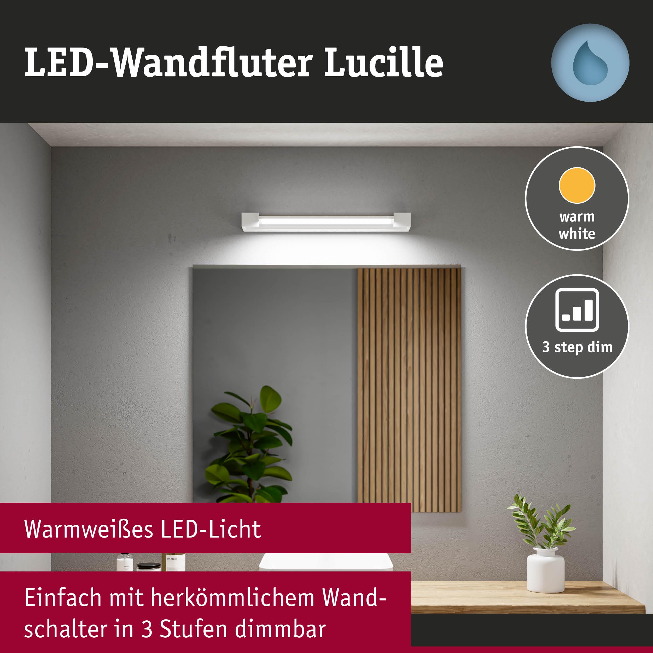 LED-Wandfluter Lucille mit warmweißem Licht und dreistufiger Dimmfunktion für Badezimmerwand.
