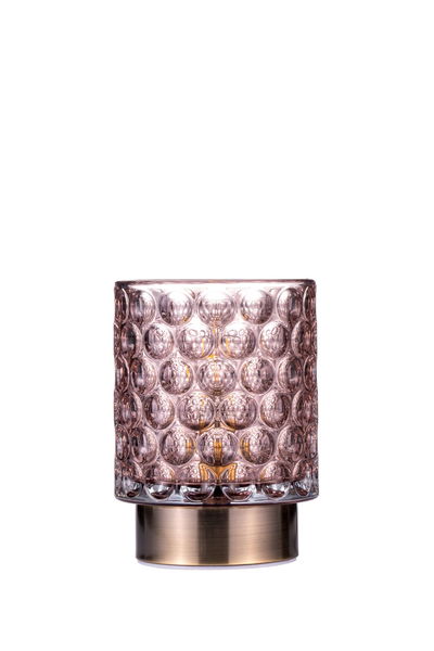 Lampe de table en verre rose avec surface texturée et base en métal bronze pour éclairage d'ambiance