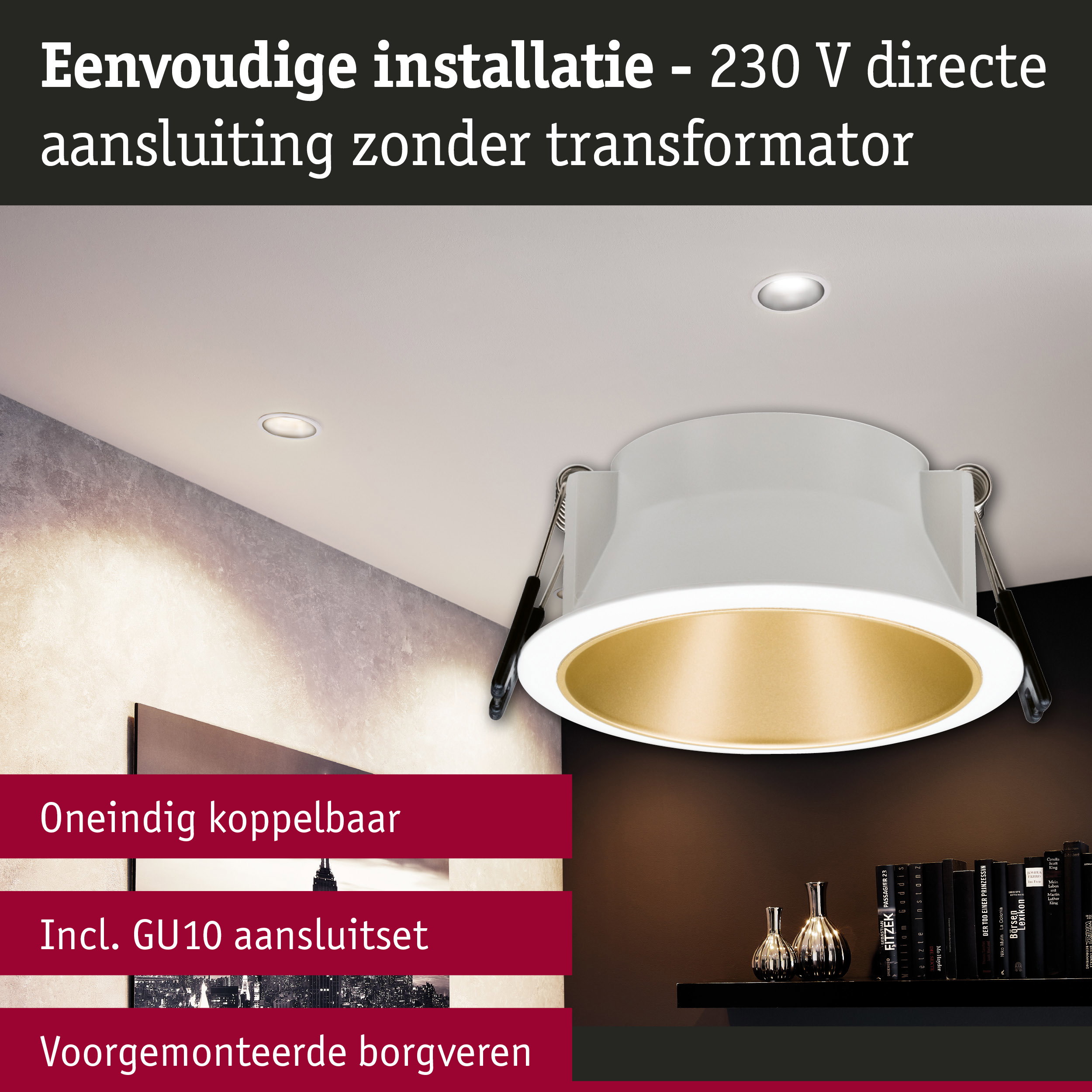Witte inbouwspot met gouden binnenkant voor eenvoudige 230 V installatie zonder transformator