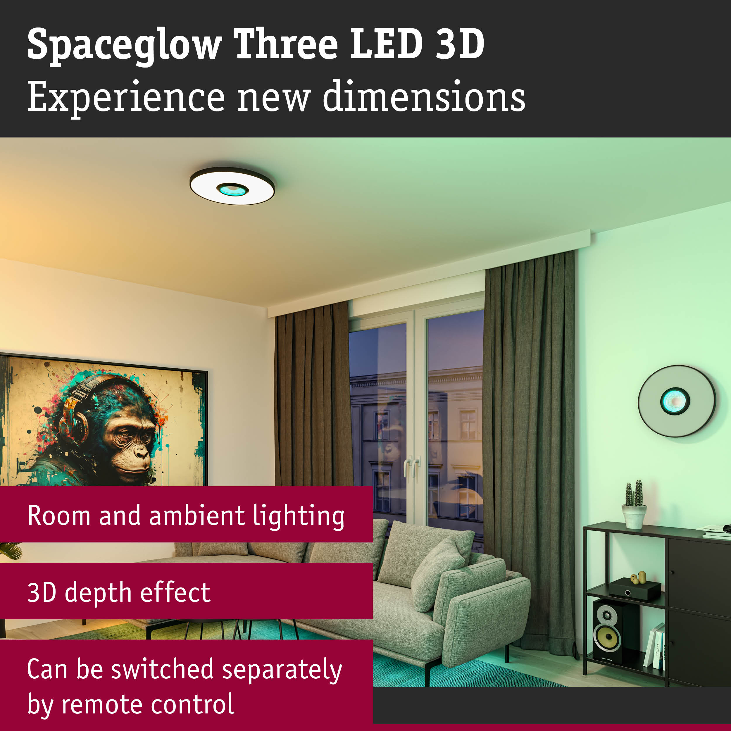 Spaceglow Three LED 3D white ceiling light with remote for room and ambient lighting with 3D depth effect