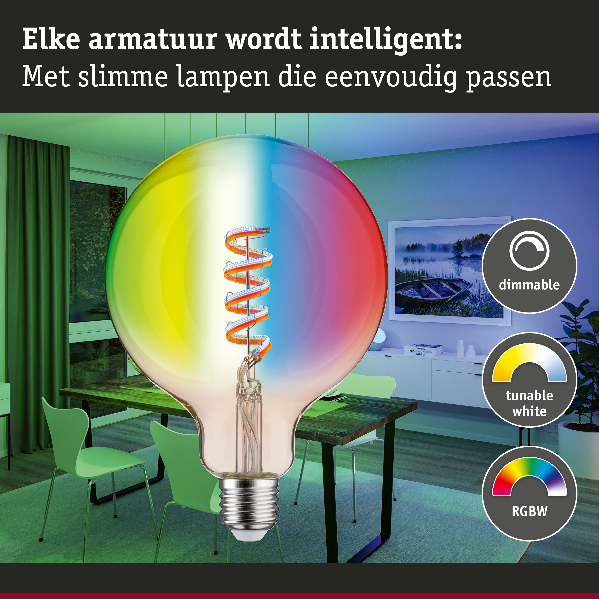 Kleurrijke LED-lamp met dimbare en instelbare witlichtfunctie voor slimme verlichting.