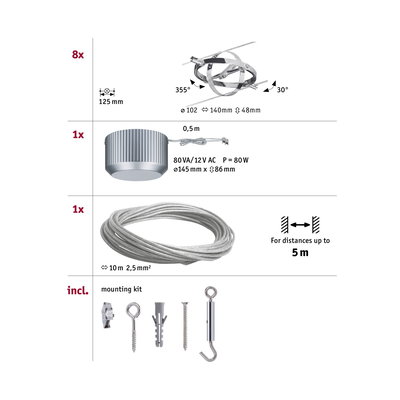 Technical drawing showing 8 adjustable metal ceiling mounts, 1 power supply, 10m steel cable and mounting kit