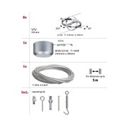 Technische Zeichnung mit verstellbarem Chrom-Metallhalter, Transformator und Stahlseil für Beleuchtungssystem
