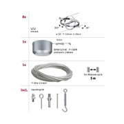 Technische tekening met verstelbare chromen metalen houder, transformator en stalen kabel voor verlichtingssysteem
