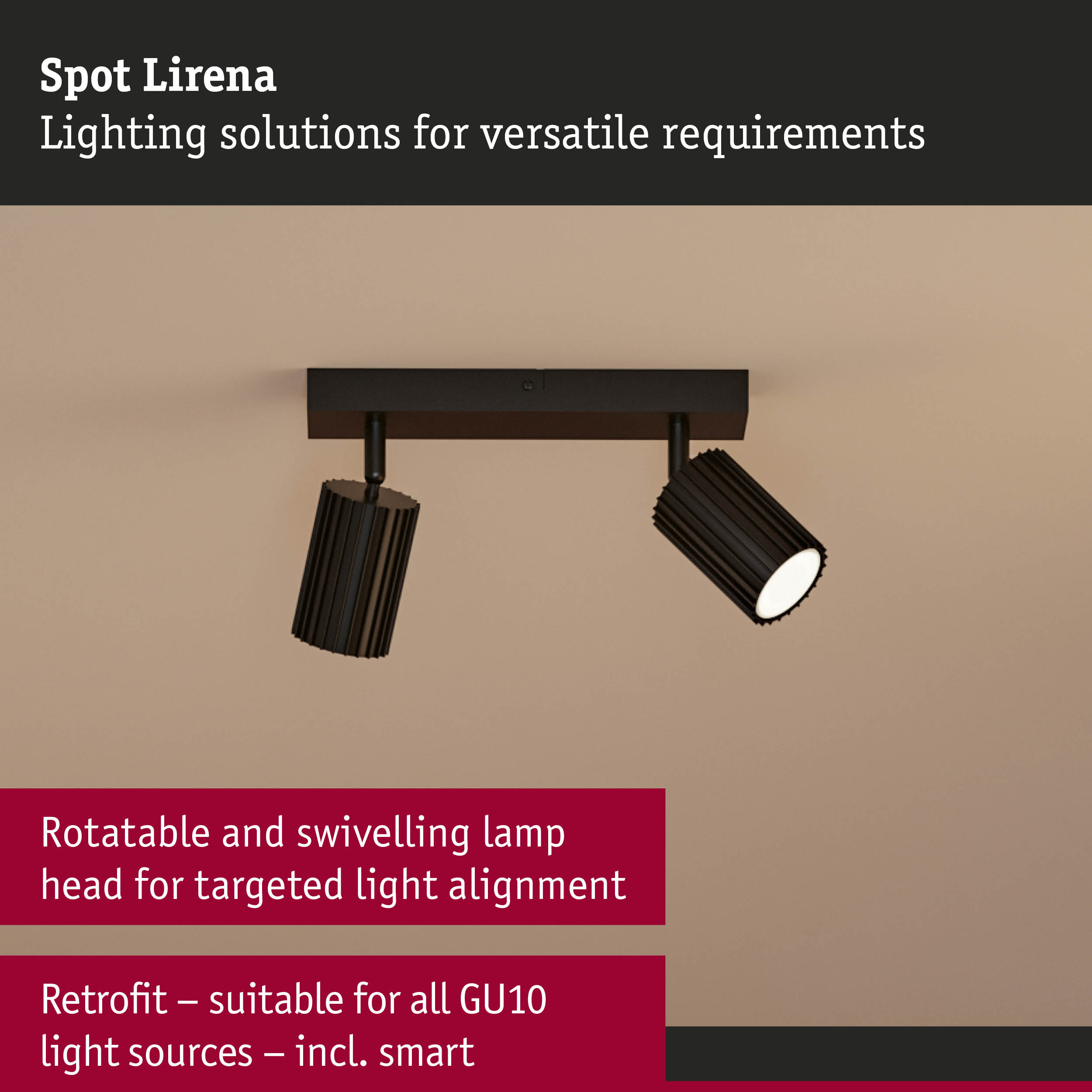 Black Spot Lirena ceiling light with rotatable and swivelling heads for targeted lighting solutions