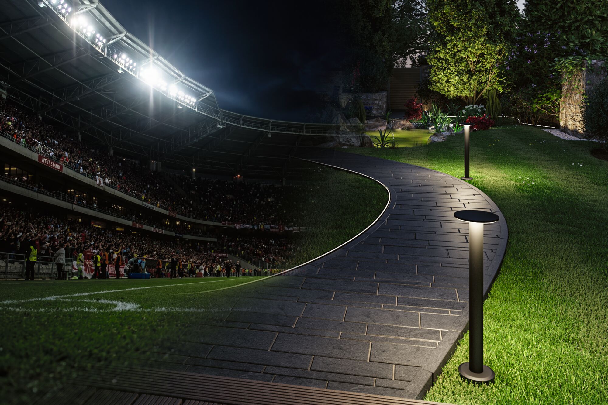 Vergleich von Stadionbeleuchtung und moderner Gartenwegbeleuchtung mit LED-Pfostenleuchten in Schwarz