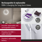 White LED wall light with USB-C charging cable and replaceable battery for extended burn time