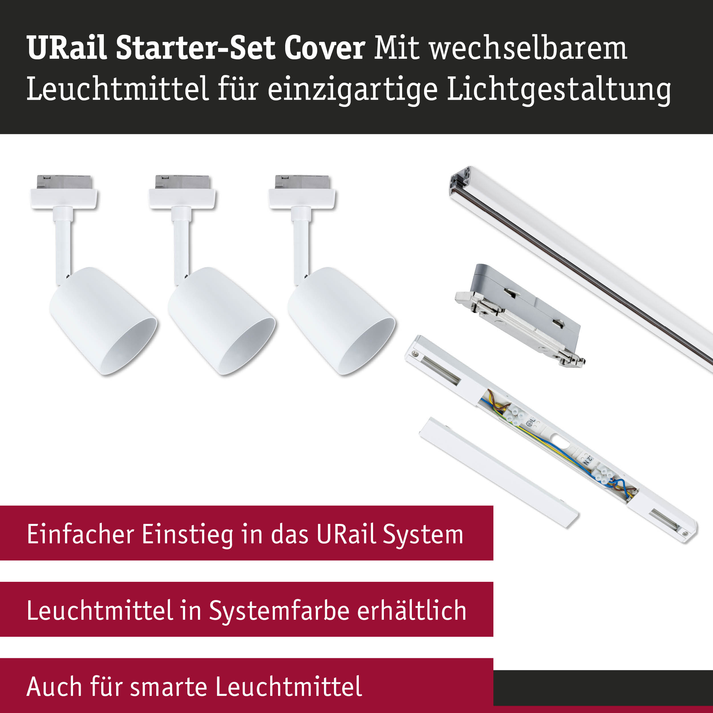 URail Starter-Set Cover mit weißen Leuchten und Schienen für flexible Lichtgestaltung
