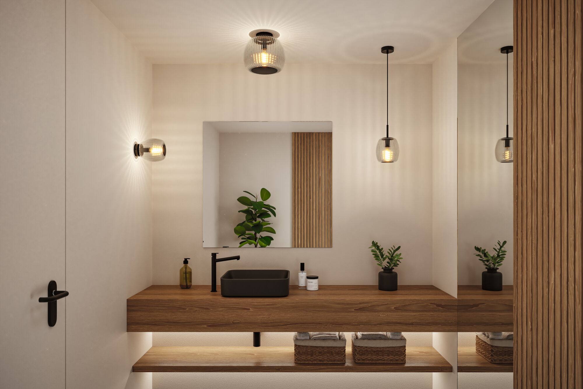 Modernes Badezimmer mit Holzwaschtisch, schwarzem Waschbecken und stilvollen Glas-Wandleuchten.