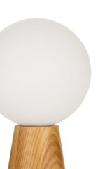 Modern table lamp with white glass and wooden base, Scandinavian design for living spaces