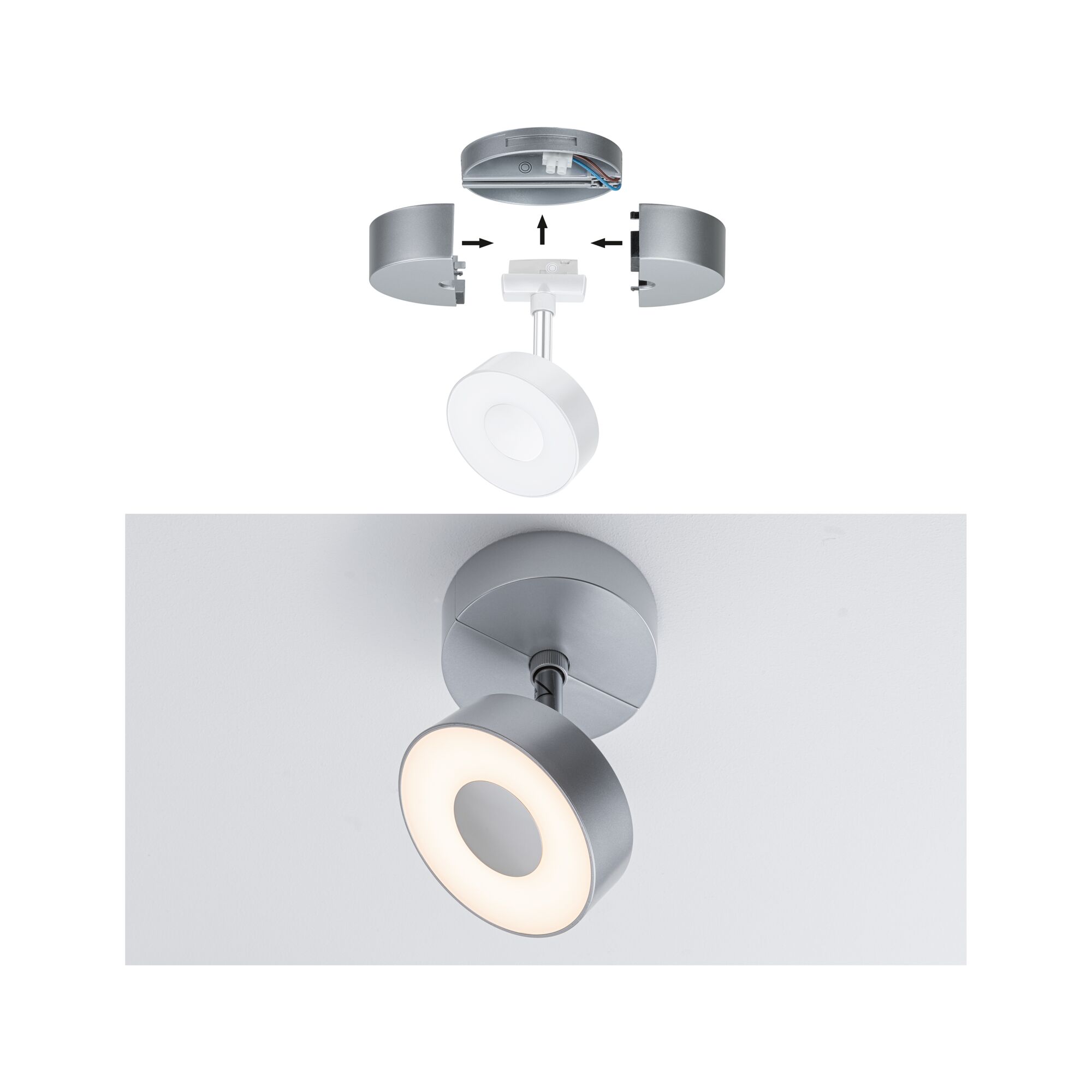 Modularer LED-Deckenstrahler in Silber mit warmweißem Licht und Aluminiumgehäuse für Wohnräume