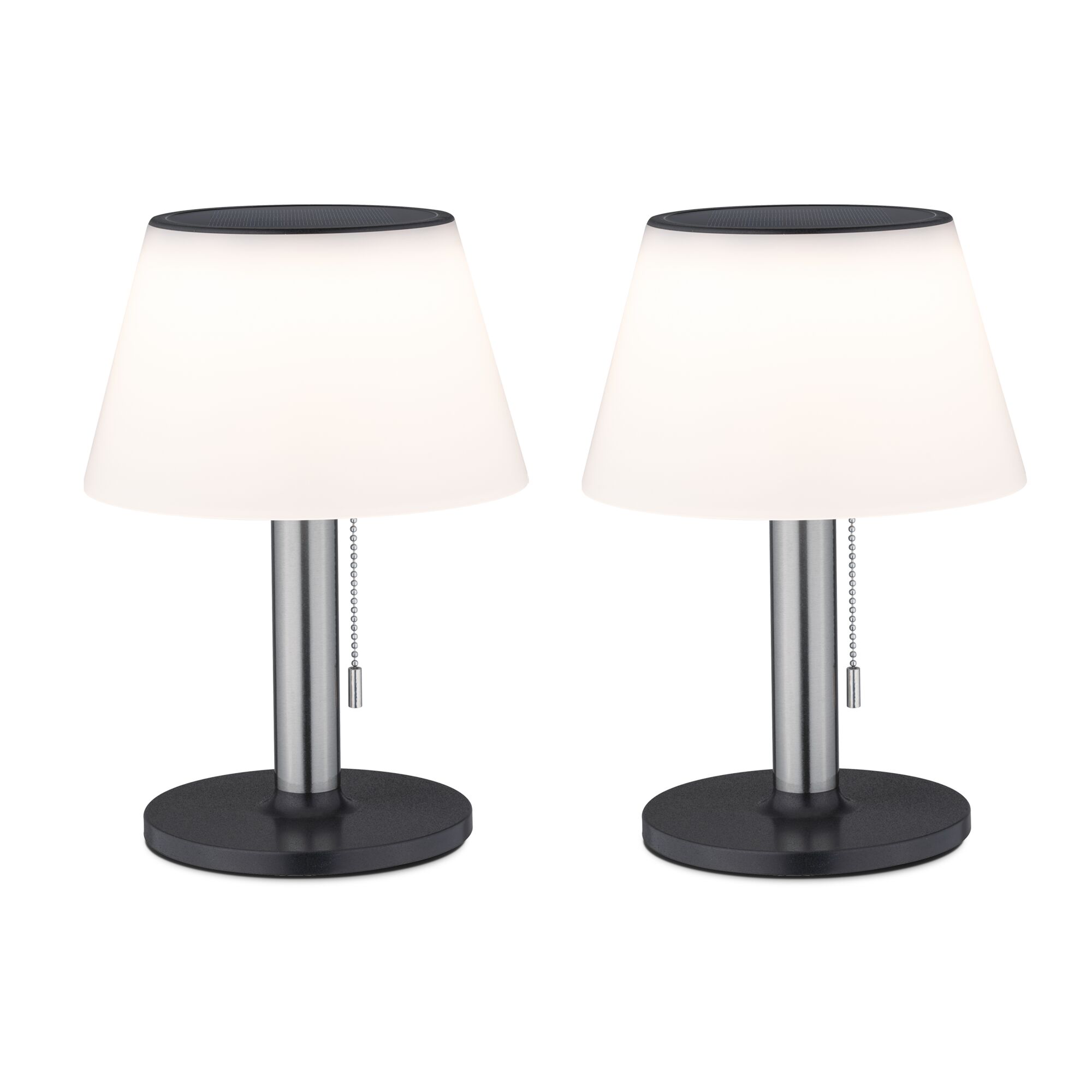 Deux lampes de table modernes avec abat-jour en plastique blanc et base en métal noir avec chaîne à tirer