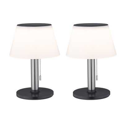 Two modern table lamps with white plastic shade and black metal base with pull chain switch
