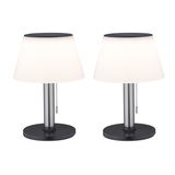 Two modern table lamps with white plastic shade and black metal base with pull chain switch