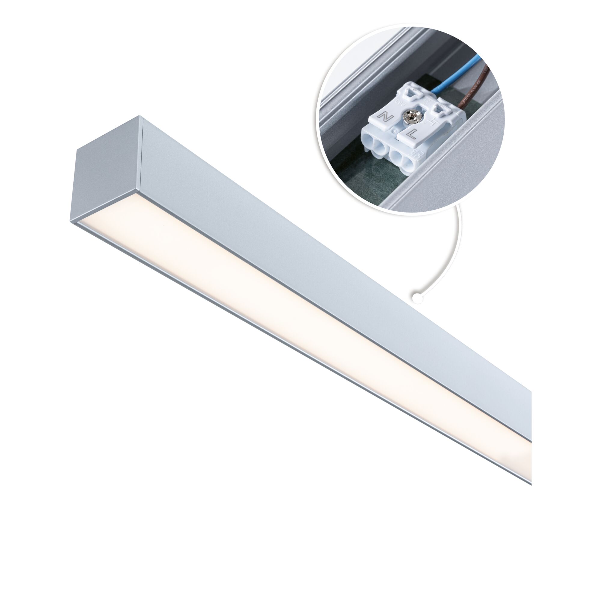Linion Alimentation électrique Power Channel 230/24V 17W Chrome mat 1m Lumière LED sous meuble en aluminium argenté avec détail de connexion pour éclairage de cuisine