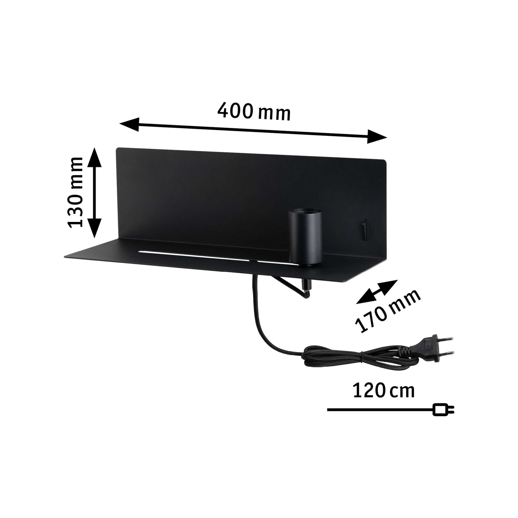 Black metal wall shelf with lamp holder and 120 cm cable for modern LED lighting solutions.