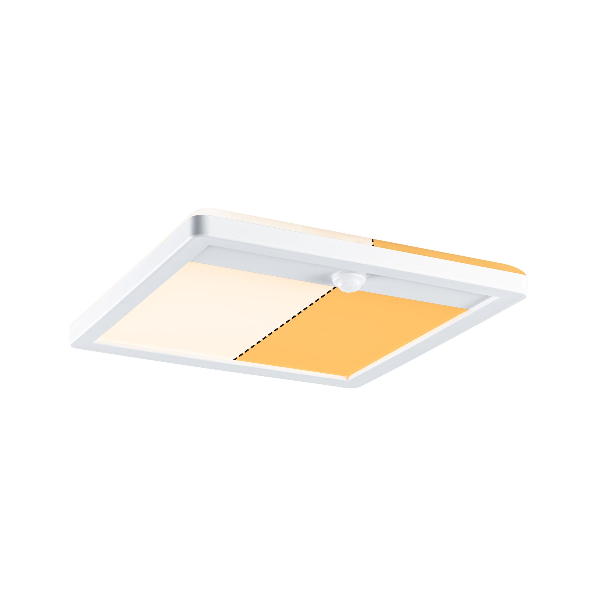 LED Exterior panel Lamina Backlight Twilight-controlled motion detector (IR) insect friendly IP44 angular 250x250mm Tunable Warm 14W 920lm 230V White Plastic Square white LED ceiling light with motion sensor and warm white light for hallway and bathroom