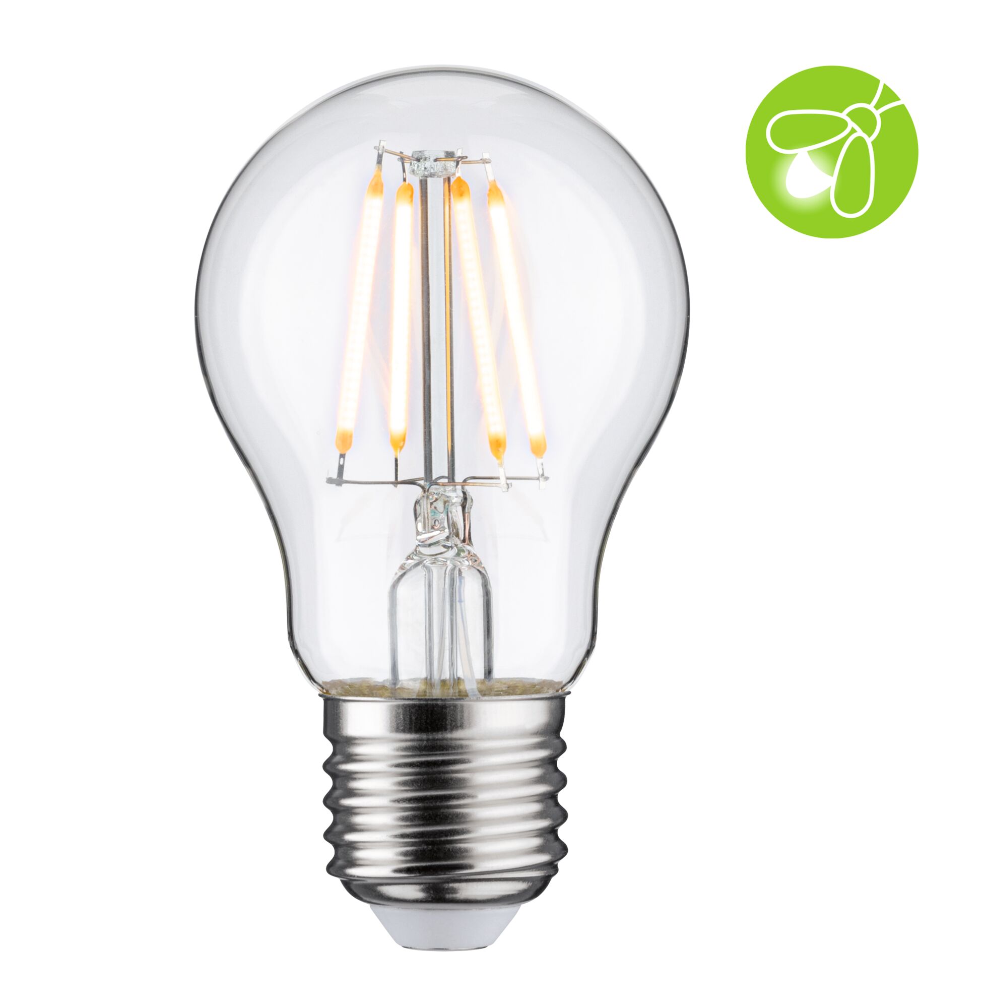 Filament 230 V LED-pære E27 insektvenligt 420lm 4,3W 2200K Klar LED-pære med klart glas og sølvbase, energibesparende belysningsløsning