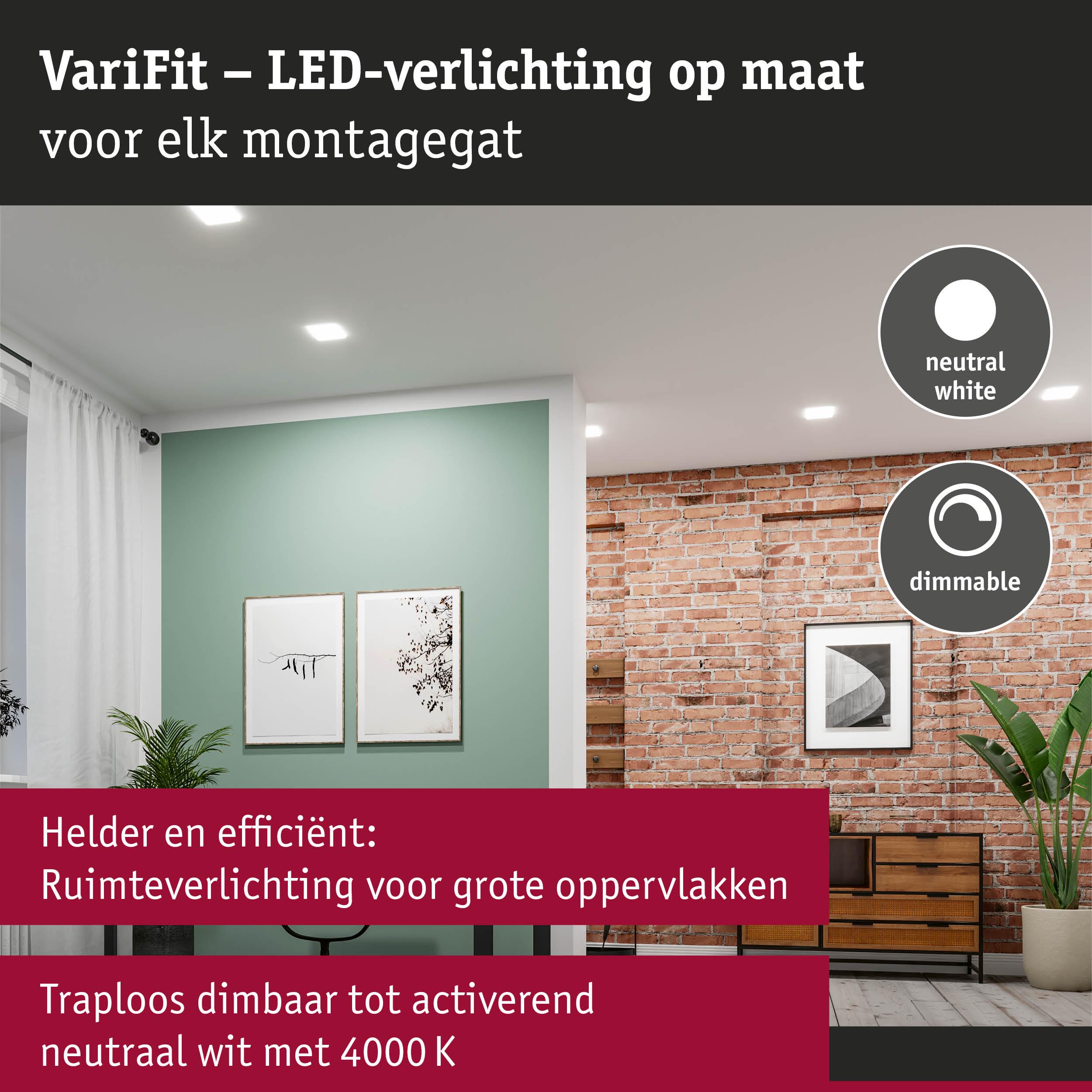 Woonkamer met dimbare LED-plafondverlichting in neutraal wit voor heldere ruimteverlichting