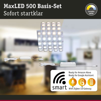MaxLED 500 Basis-Set mit dimmbaren weißen LED-Streifen und smartem Zigbee 3.0 Gateway für Alexa und Google.