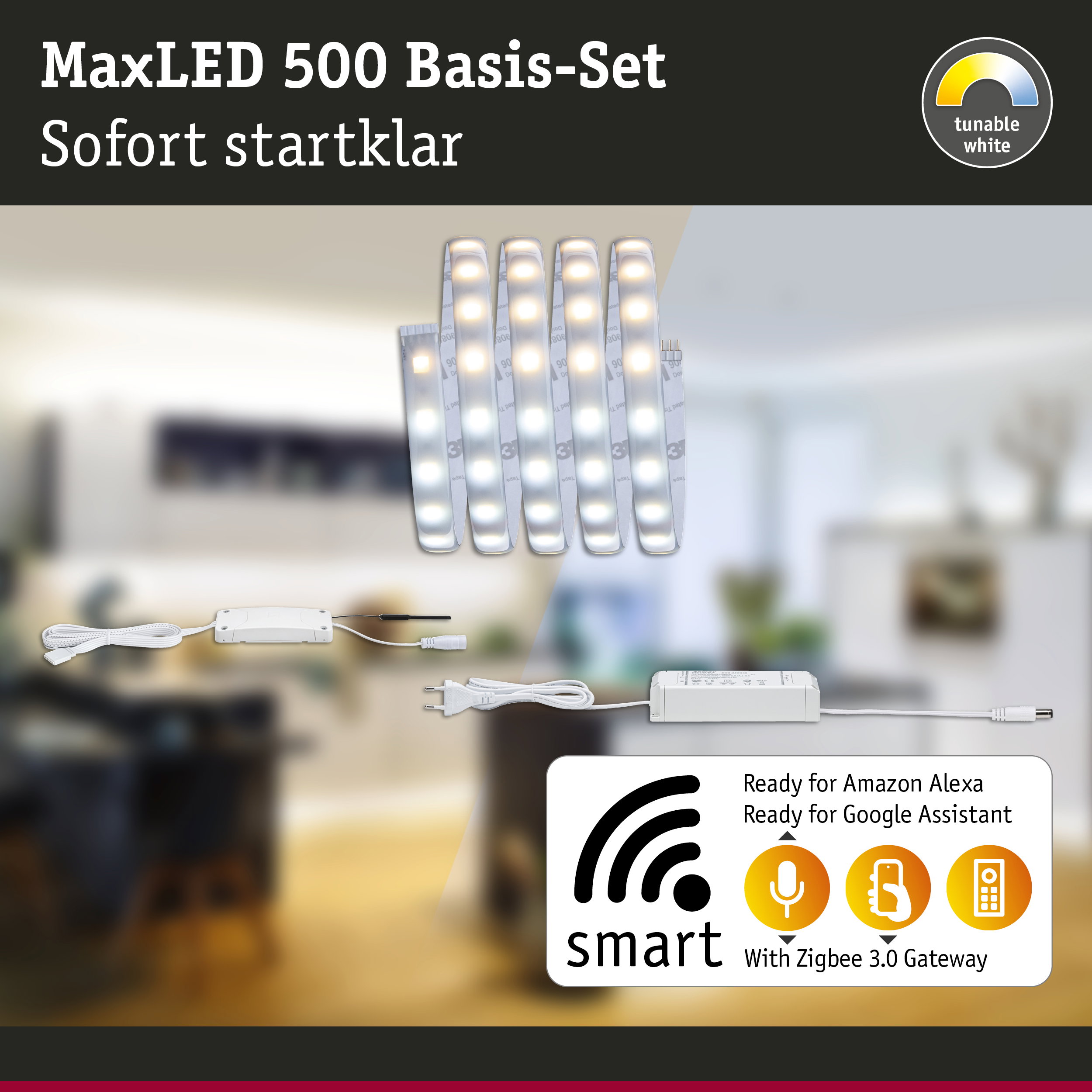 MaxLED 500 LED-Basis-Set mit dimmbaren weißen Lichtstreifen und Zigbee 3.0 Gateway für Smart Home Steuerung
