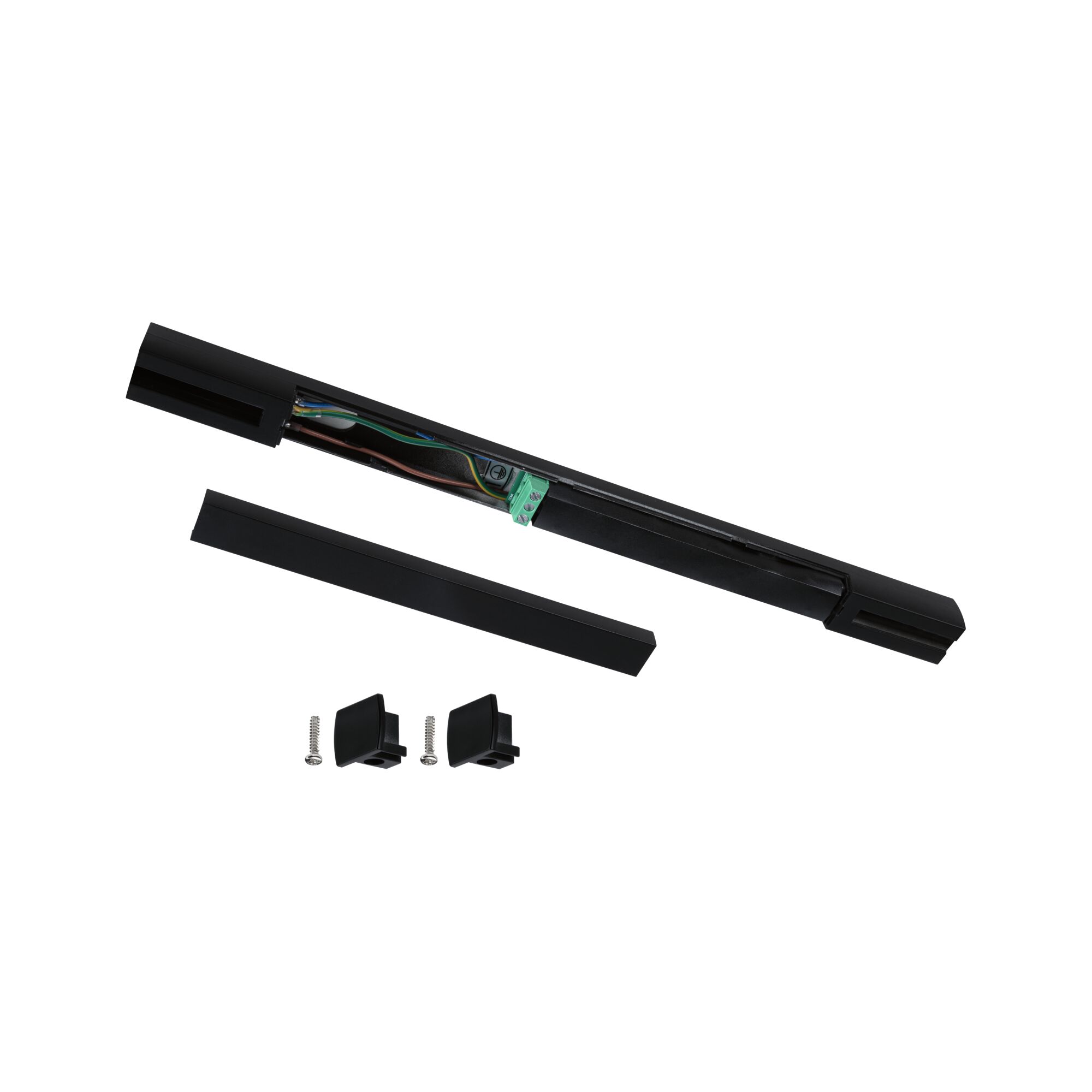 Black aluminum connector with wiring and screws for LED track lighting installation.