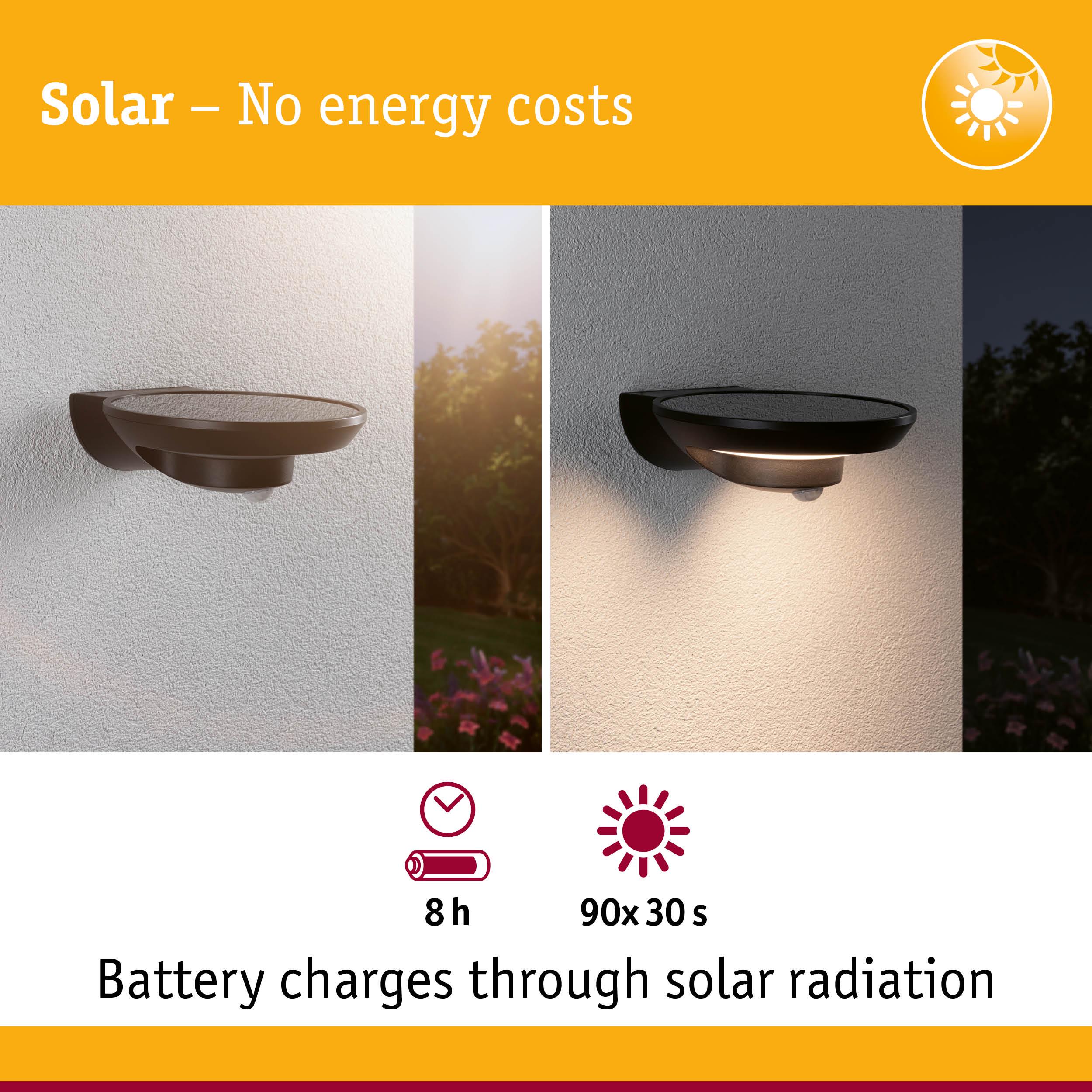 Black solar wall light with battery charging 8 hours by sunlight, energy-saving outdoor lighting solution