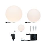Set of three white plastic globe lights with accessories for garden LED lighting and cables