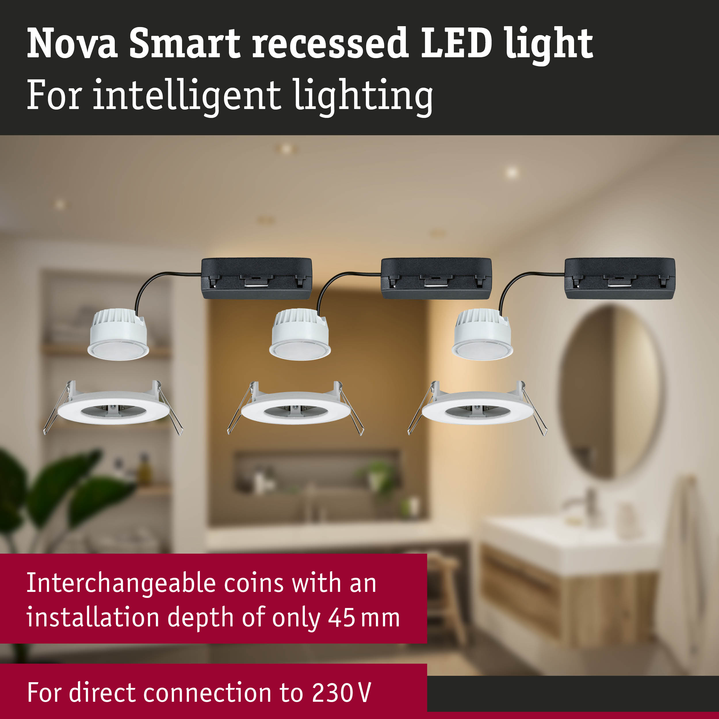 Nova Smart white recessed LED light with black power unit for smart home lighting solutions