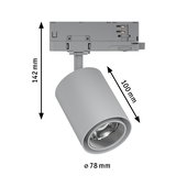 Grijze metalen LED-spot met 78 mm diameter en 142 mm hoogte voor railsystemen.