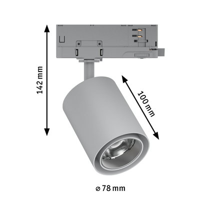 Grijze metalen LED-spot met 78 mm diameter en 142 mm hoogte voor railsystemen.