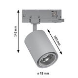 Grauer LED-Strahler aus Metall mit 78 mm Durchmesser und 142 mm Höhe für Schienensysteme.