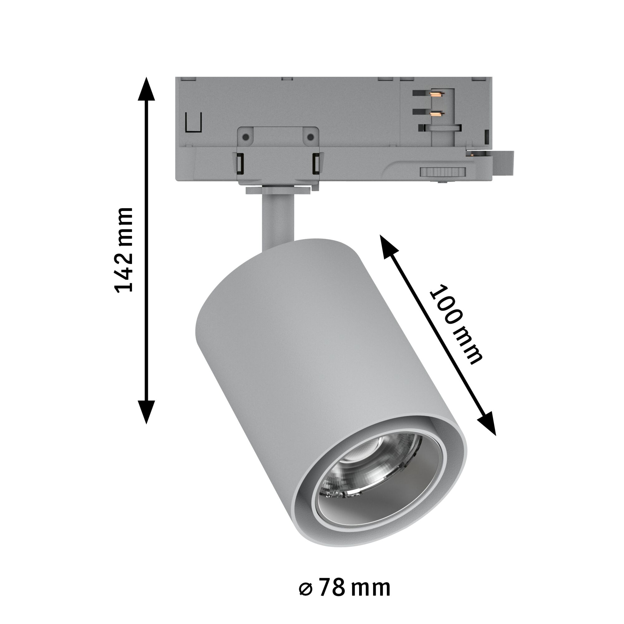 Grauer LED-Strahler aus Metall mit 142 mm Höhe und 78 mm Durchmesser für moderne Innenbeleuchtung