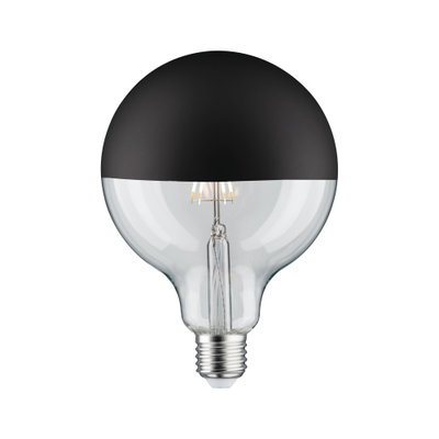 Glühbirne mit schwarzer Oberseite aus Glas und sichtbarem LED-Filament für dekorative Beleuchtung