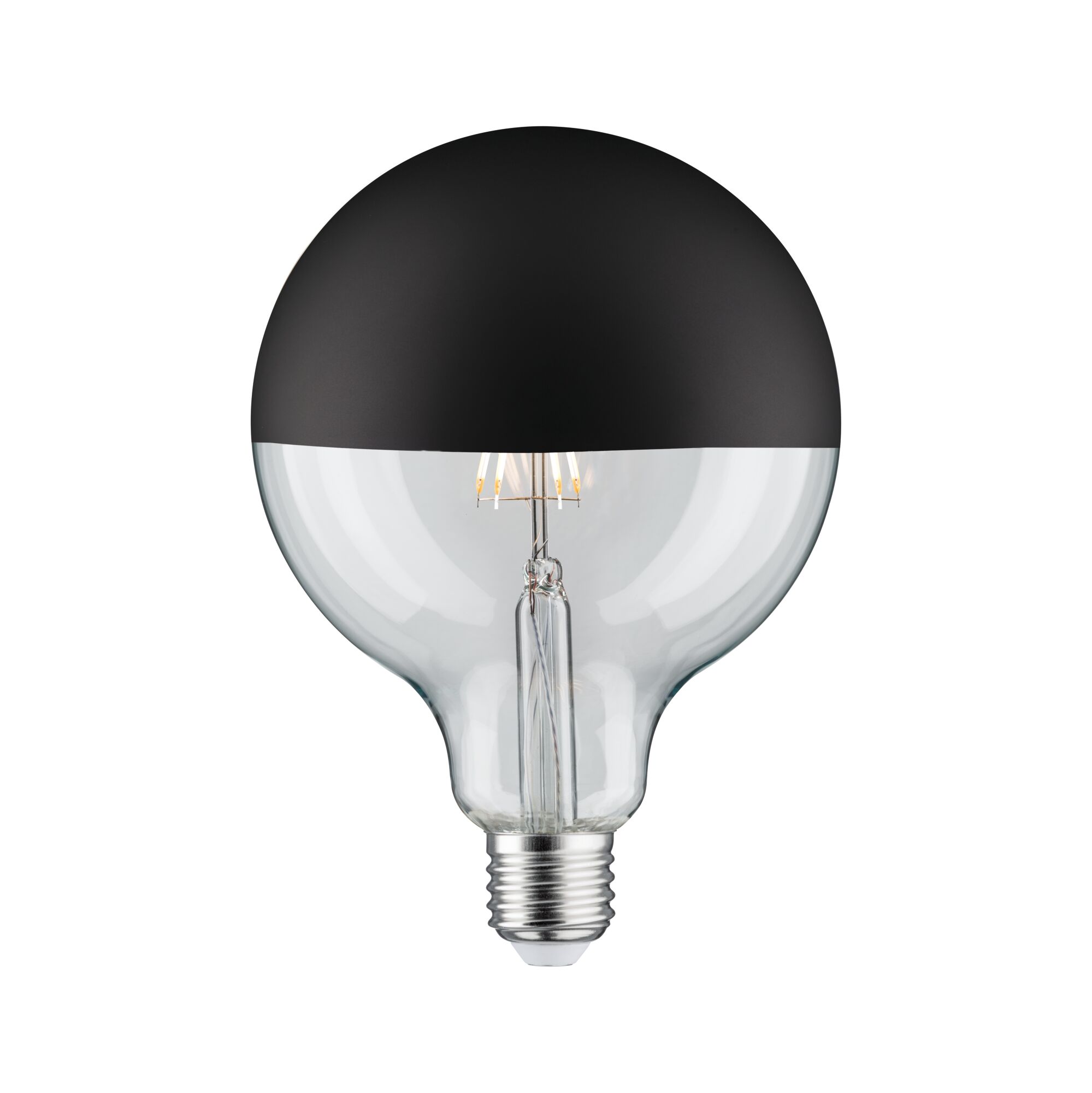 Modern Classic Edition Standard 230V LED Globe Lusterko głowicy E27 G125 600lm 6,5W 2700K ściemnialny lustrzana kopuła bańki czarny matowy Glass light bulb with black top and visible LED filament for decorative lighting use