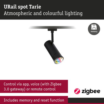 Black URail Spot Tarie LED spotlight with colorful light and Zigbee control via app and voice commands
