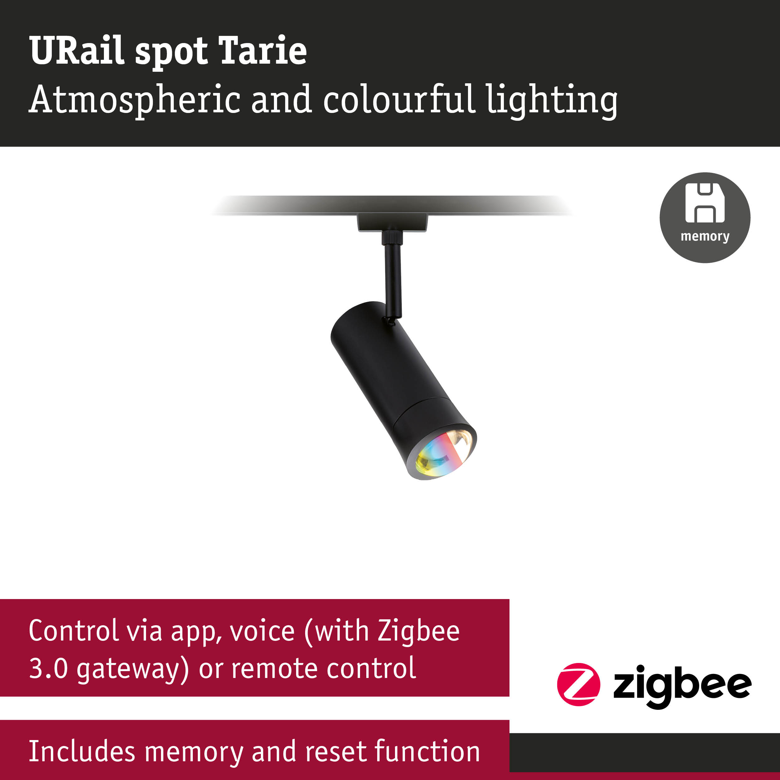 Black metal URail spot Tarie with colorful LED lighting and Zigbee smart control