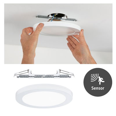 Rundes weißes LED-Deckenpanel mit Sensor und Metallbefestigung für einfache Installation und energiesparende Beleuchtung.
