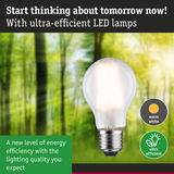 Energy-efficient LED lamp with warm white light against green forest background for eco-friendly lighting