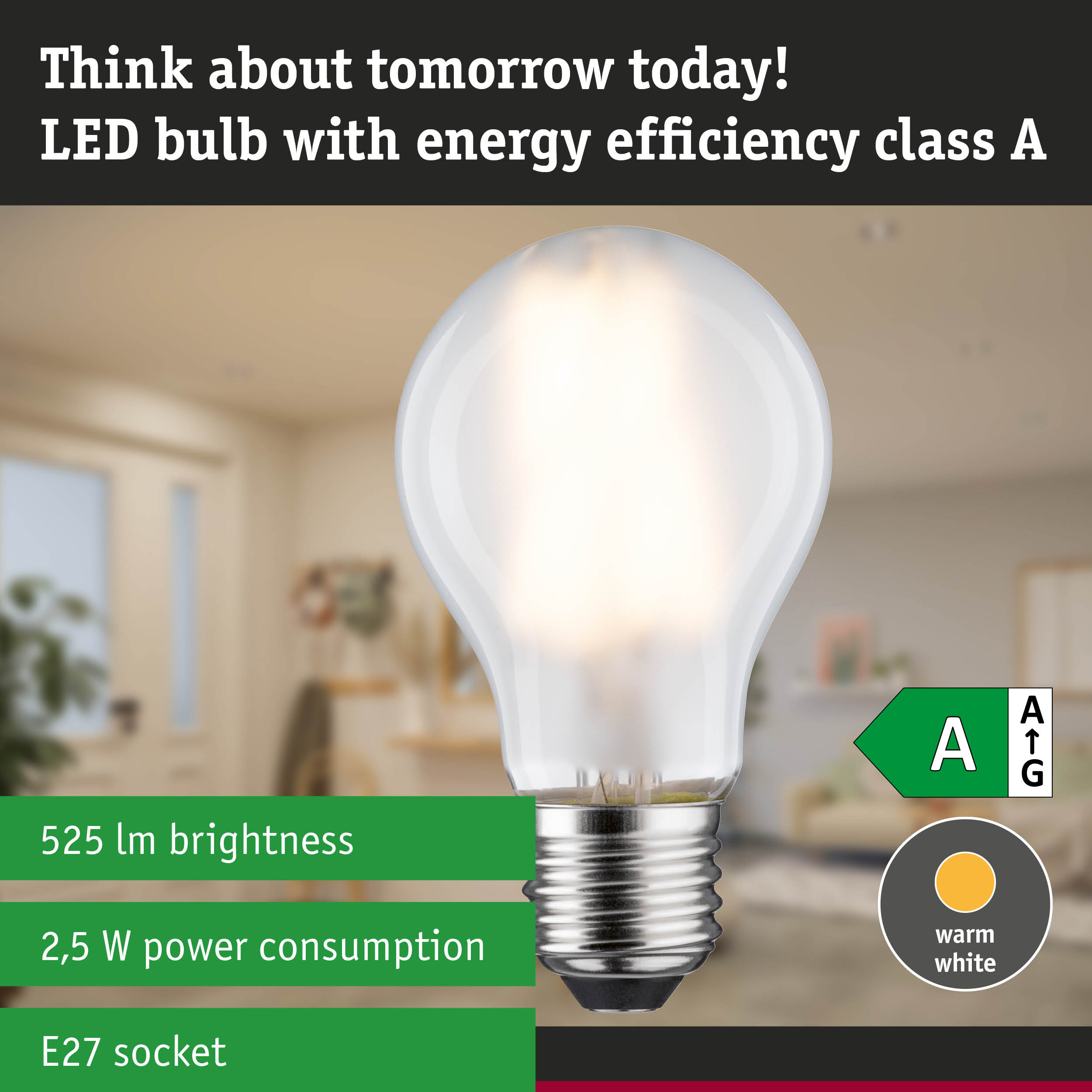 Energy-efficient LED lamp with warm white light shown against a green forest background