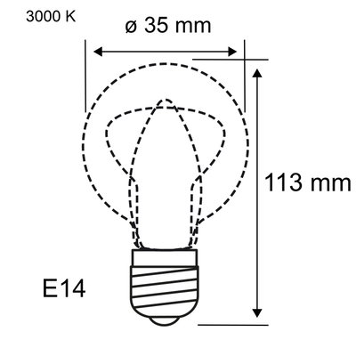 Technical drawing of an E14 LED bulb with 35 mm diameter and 113 mm length, 3000 K color temperature.