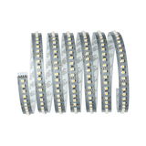 Flexible LED strip with white LEDs on silver circuit board for versatile lighting applications