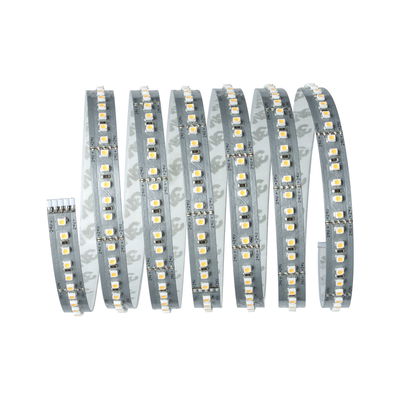 Flexible LED strip with white LEDs on silver circuit board for versatile lighting applications