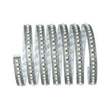 Flexible LED strip with white LEDs on silver circuit board for versatile lighting applications