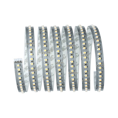 Flexible LED strip with white LEDs on silver circuit board for versatile lighting applications