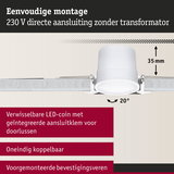 Technische tekening van witte LED-inbouwspot met 35 mm inbouwdiepte en 20° kantelbaarheid