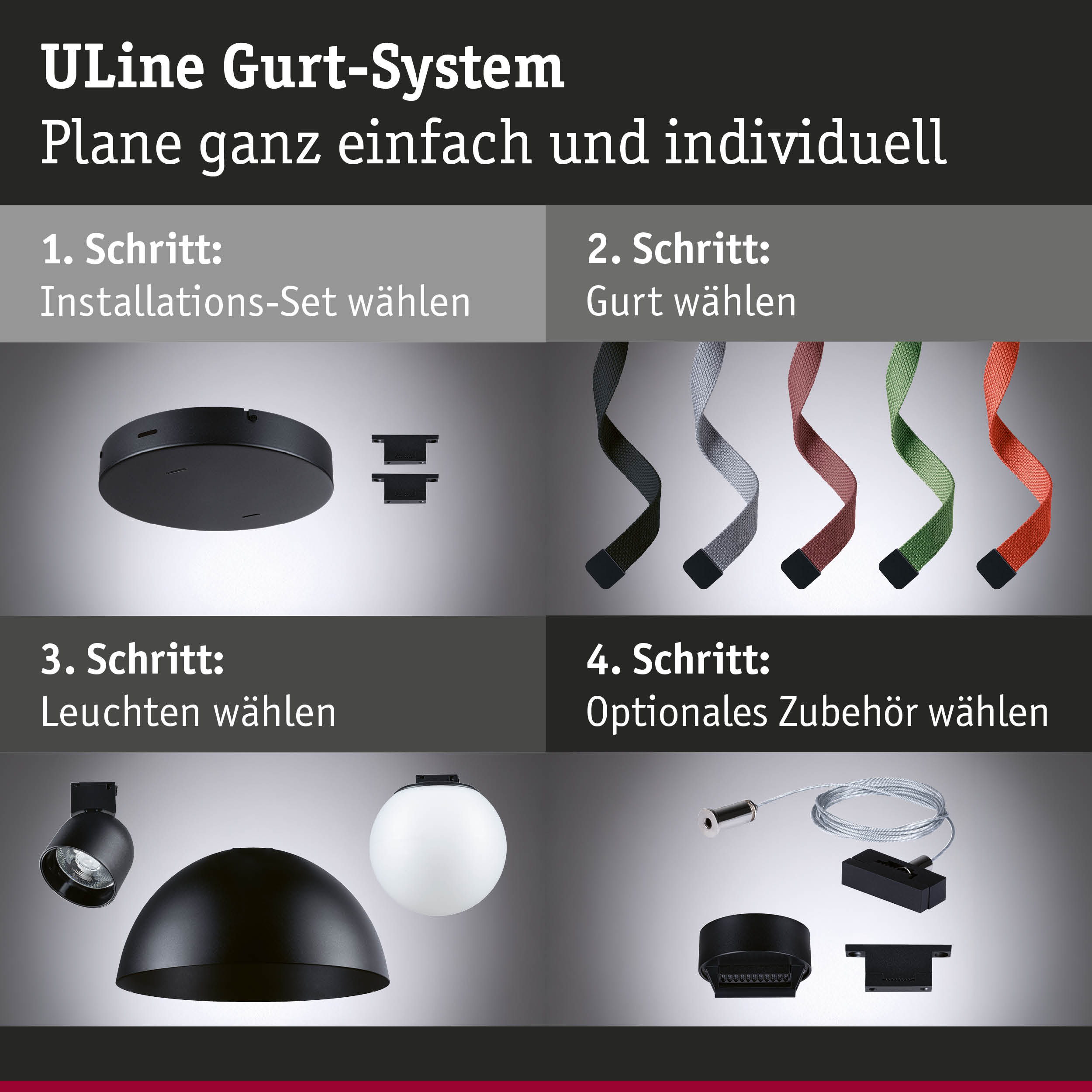 Schwarzes ULine Gurt-System mit farbigen Gurten und verschiedenen Leuchten für individuelle Lichtgestaltung
