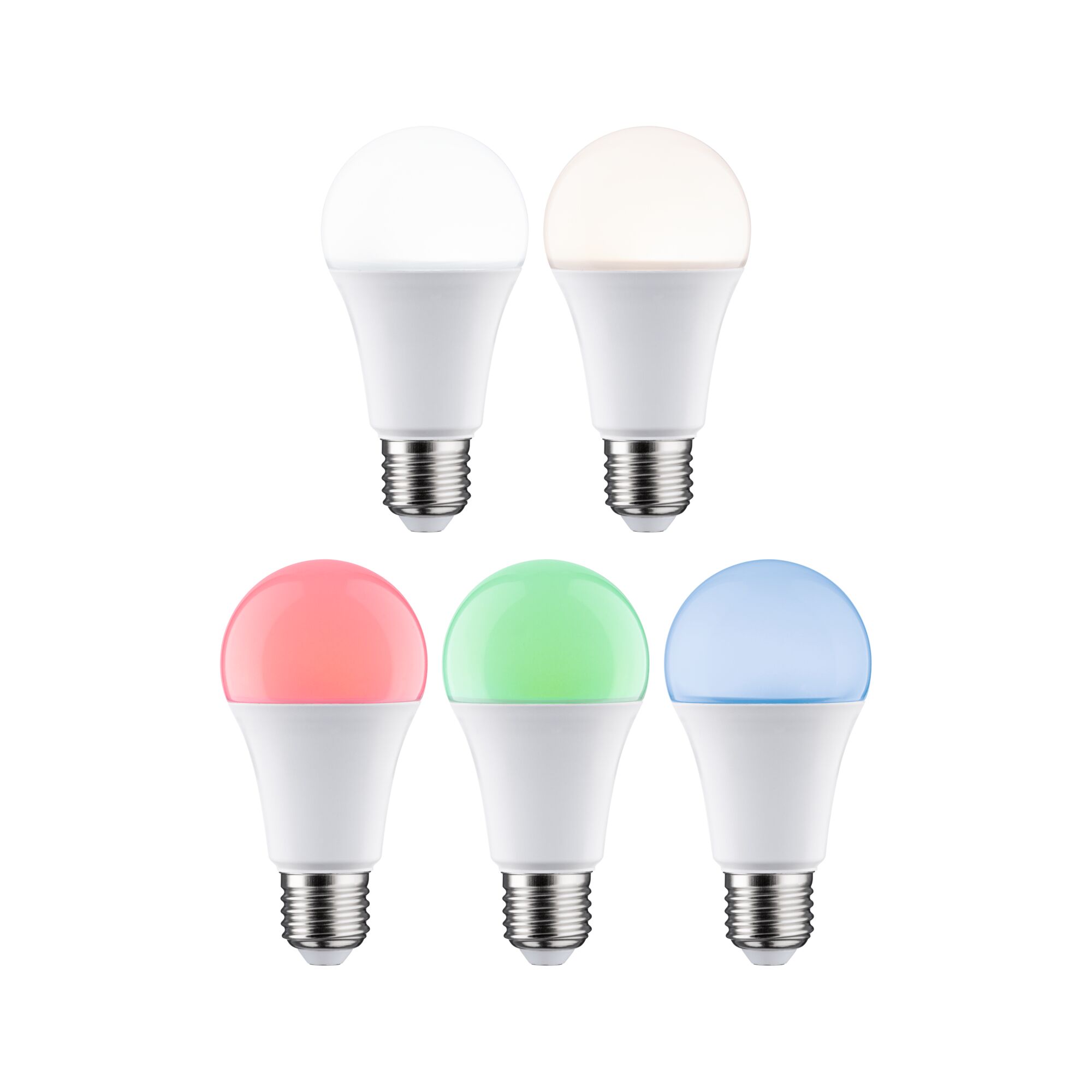 Five E27 LED bulbs in white, warm white, red, green, and blue for smart lighting solutions