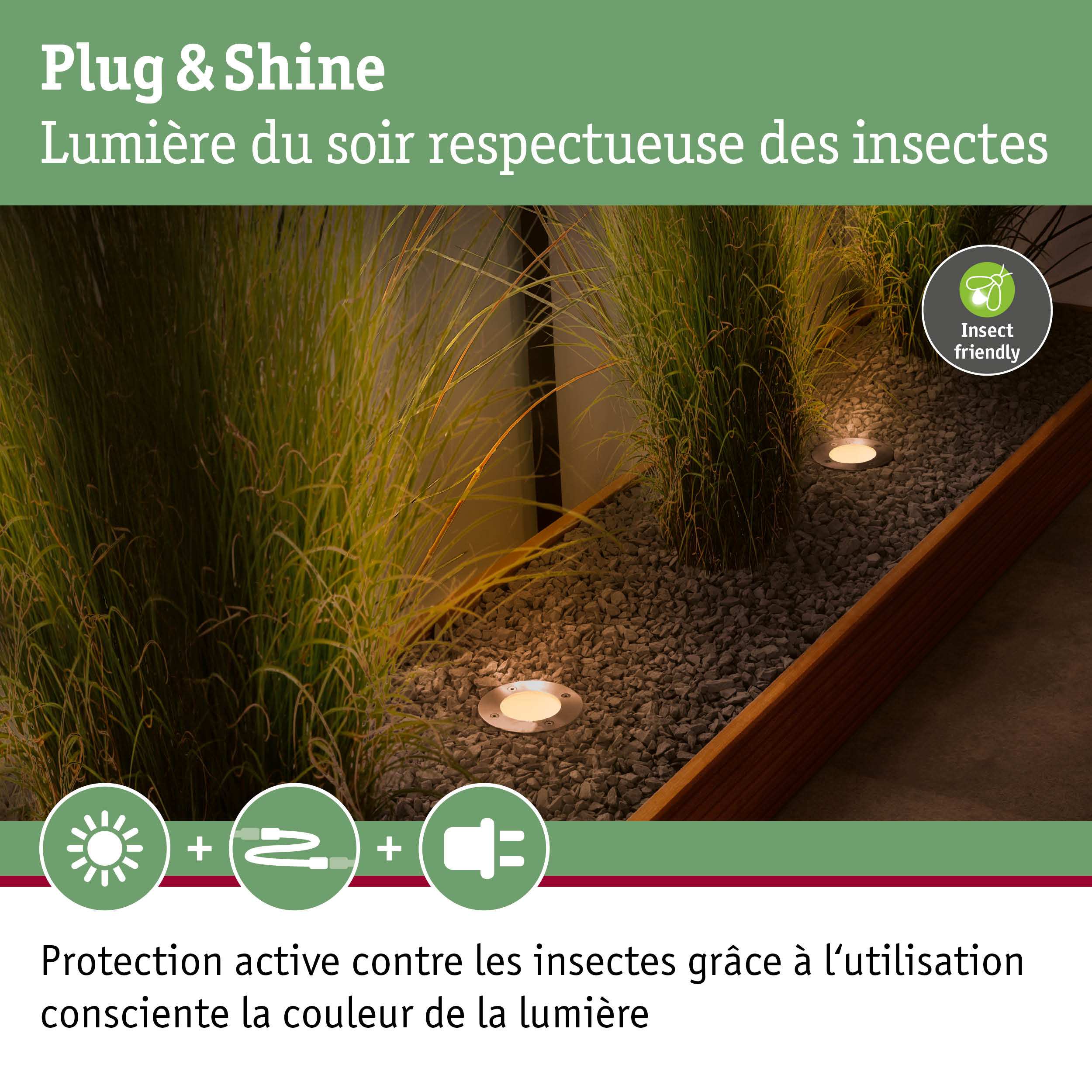 Spot LED encastré Plug & Shine avec lumière chaude respectueuse des insectes pour éclairage extérieur